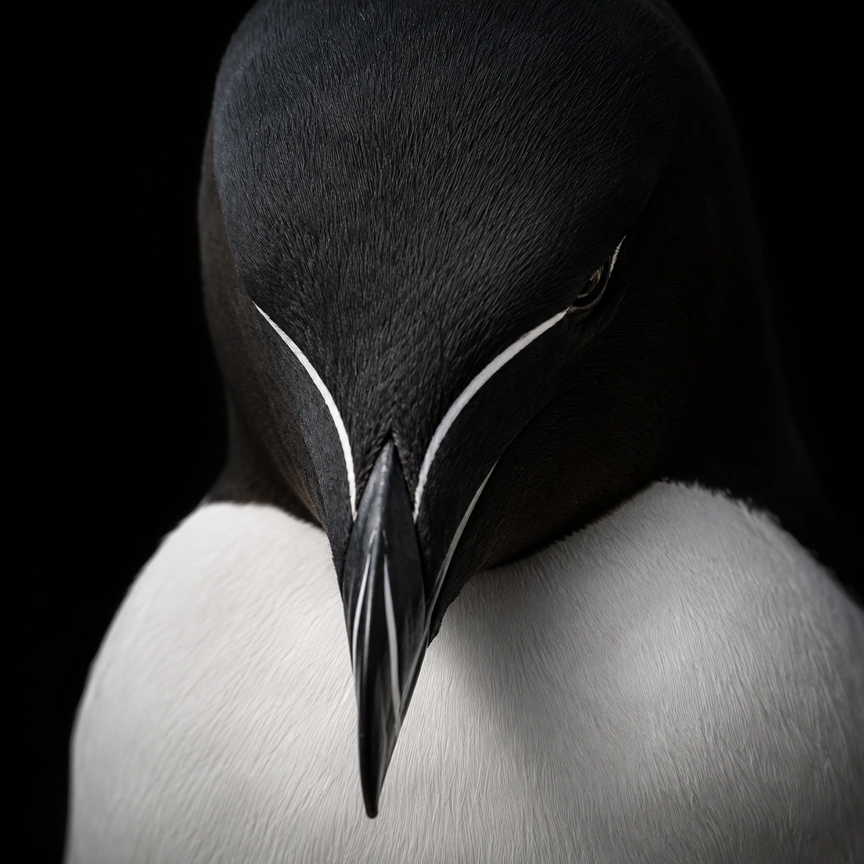 Razorbill seabird head-on, white stripe running along its bill